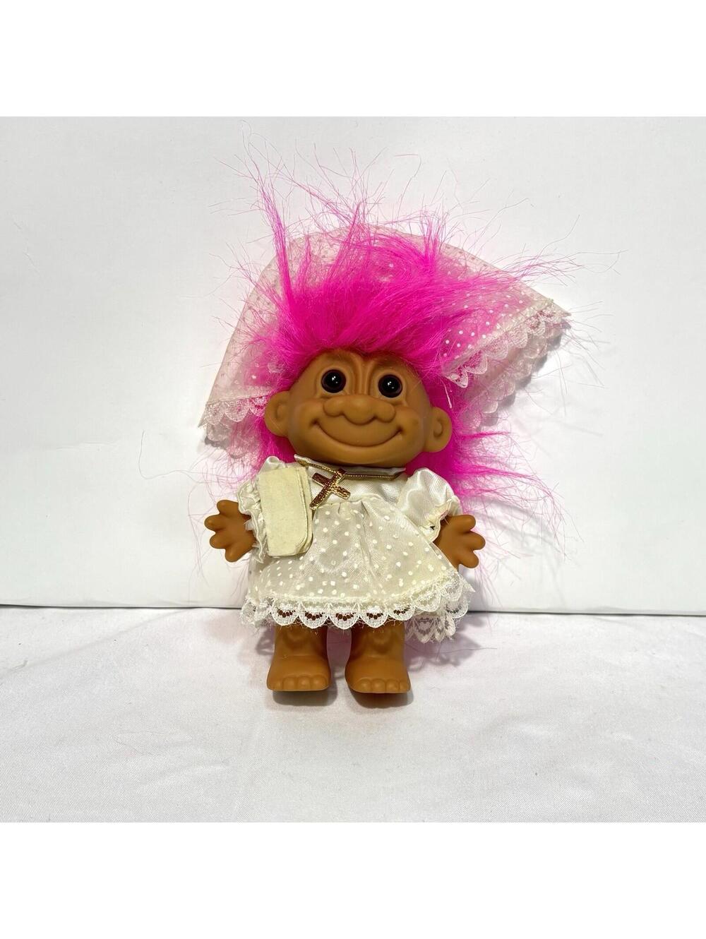 Vintage Russ Berrie RUSS Troll Doll‎ First Holy Communion Pink Hair 5”